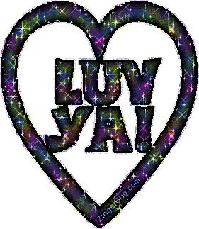 Click to get the codes for this image. This dark multi-colored glitter heart has the comment: Luv Ya! Written inside of it.