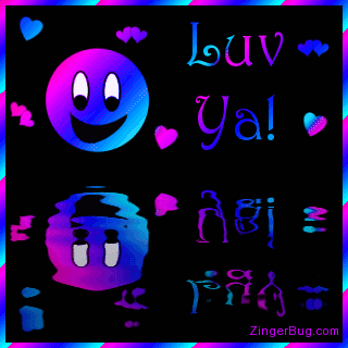 Click to get the codes for this image. This cute graphic features a pink, blue and purple smiley face surrounded by hearts reflected in an animated pool. The comment reads: Luv Ya!
