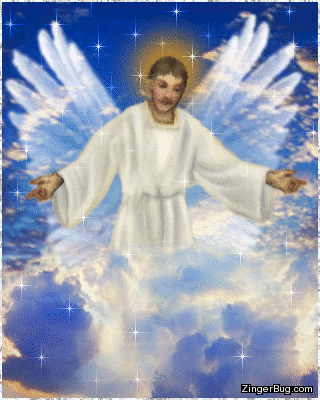 Click to get the codes for this image. This beautiful glitter graphic depicts a male angel looking down from the clouds.