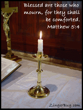 Click to get the codes for this image. This graphic shows an animated burning candle on an alter with a cross and bible. The comment reads: Blessed are those who mourn, for they shall be comforted. Matthew 5:4