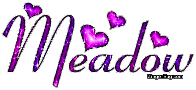 Click to get the codes for this image. Meadow Purple Glitter Name With Hearts, Girl Names Free Image Glitter Graphic for Facebook, Twitter or any blog.
