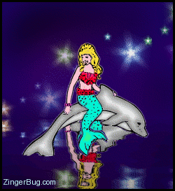 Click to get the codes for this image. This glitter graphic shows a mermaid sitting on a dolphin reflected in an animated pool.
