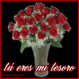 Click to get the codes for this image. This beautiful glitter graphic shows a bouquet of two dozen glittered red roses. The comment reads: tú eres mi tesoro which means You are my Treasure in Spanish