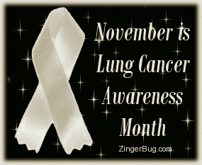 Click to get the codes for this image. This glitter graphic shows a pearl colored ribbon on a background of animated twinkling stars. The comment reads: November is Lung Cancer Awareness Month