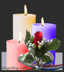 Click to get the codes for this image. This beautiful graphic shows three candles (red, white and blue) with animated burning flames. A single red rose tied with patriotic ribbon is in front of the candles.