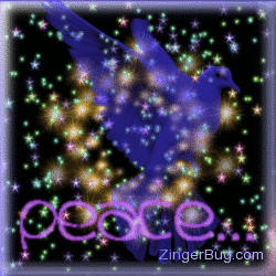 Click to get the codes for this image. This pretty glitter graphic shows a transparent blue bird in front of a sky of twinkling stars. The comment reads: Peace