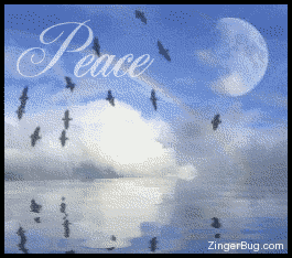 Click to get the codes for this image. This graphic shows a sky with a rainbow, a moon and a flock of birds reflected in an animated ocean. The comment reads: Peace