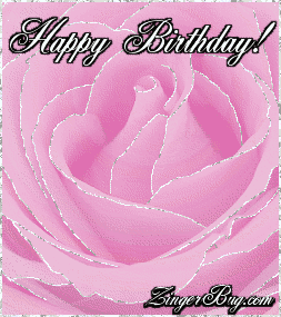 Click to get the codes for this image. This beautiful glitter graphic shows a close-up of a pink rose with silver glitter on the tips of each petal. The comment reads: Happy Birthday!