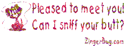Click to get the codes for this image. Funny glitter graphic of a dog that reads: Pleased to meet you! Can I sniff your butt?