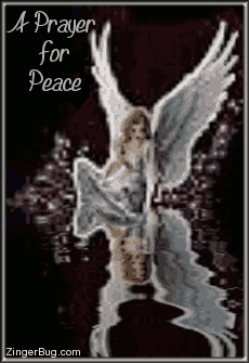 Click to get the codes for this image. This beautiful glitter graphic shows an angel sitting at the edge of an animated reflecting pool. The comment reads: A Prayer for Peace