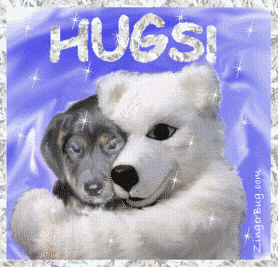 Click to get the codes for this image. Cute glitter graphic of a person in a polar bear costume hugging a cute puppy. The comment reads: Hugs!