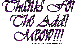 Click to get the codes for this image. Purple Script Meow Thanks For The Add Glitter Text, Animals  Cats, Thanks For The Add Free Image, Glitter Graphic, Greeting or Meme for Facebook, Twitter or any forum or blog.