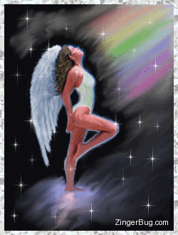 Click to get the codes for this image. This glitter graphic shows a sexy angel bathed in the light of a rainbow.