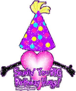 Click to get the codes for this image. This cute glitter graphic shows a pink heart with outstretched hugging arms wearing a birthday hat. The comment reads: Sendin' you BIG Birthday Hugs!