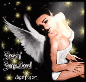 Click to get the codes for this image. This glitter graphic shows a sexy fairy or angel with glittered stars in the background. The comment reads: Showin' Some Love!