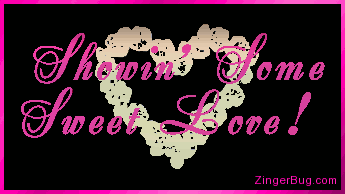 Click to get the codes for this image. This 3d graphic shows a gold heart with the comment: Showin' Some Sweet Love! The letters are pink and ripple like a wave while the heart waves back and forth