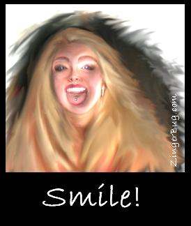Click to get the codes for this image. Painting of a girl with a big smile and a pierced tongue. Comment reads: Smile!