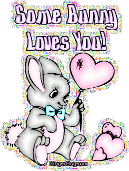 Click to get the codes for this image. This cute glitter graphic shows a cartoon bunny holding a heart shaped balloon. The comment reads: Some Bunny Loves You!