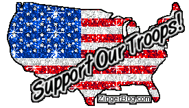 Click to get the codes for this image. This patriotic glitter graphic shows an American flag in the shape of the USA with the comment: Support Our Troops