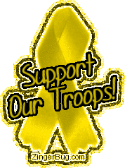 Click to get the codes for this image. This glitter graphic shows a glittered yellow ribbon with the comment: Support Our Troops!
