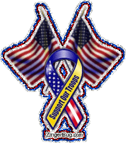 Click to get the codes for this image. This patriotic glitter graphic shows two crossed American flags with a red, white, blue and yellow ribbon in front of them. The comment reads: Support Our Troops!