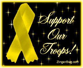 Click to get the codes for this image. This glitter graphic shows a yellow ribbon on a background of animated twinkling stars. The comment reads: Support our Troops!