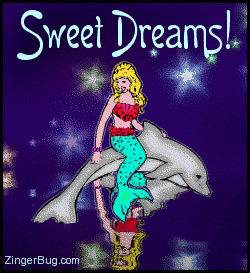 Click to get the codes for this image. This glitter graphic shows a mermaid sitting on a dolphin reflected in an animated pool. The comment reads: Sweet Dreams!