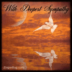 Click to get the codes for this image. This beautiful graphic shows a white dove flying across a spectacular sunset with a moon in the background. The scene is reflected in an animated pool The comment reads: With Deepest Sympathy