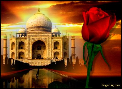 Click to get the codes for this image. Taj Mahal Sunset With Rose, Flowers Free Image, Glitter Graphic, Greeting or Meme for Facebook, Twitter or any blog.