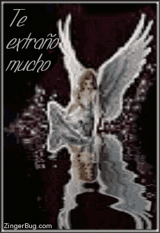 Click to get the codes for this image. This beautiful glitter graphic shows an angel sitting at the edge of an animated reflecting pool. The comment reads: Te extraño mucho which means I Miss You a lot in Spanish