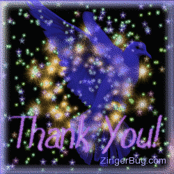 Click to get the codes for this image. This pretty glitter graphic shows a transparent blue bird in front of a sky of twinkling stars. The comment reads: Thank You!