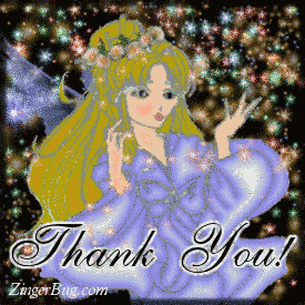 Click to get the codes for this image. This glitter graphic shows a cartoon fairy surrounded by glittering fairy dust. The comment reads: Thank You!