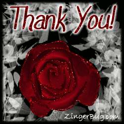 Click to get the codes for this image. This beautiful glitter graphic shows a red rose with glitter on the tips of each petal. The comment reads: Thank You!