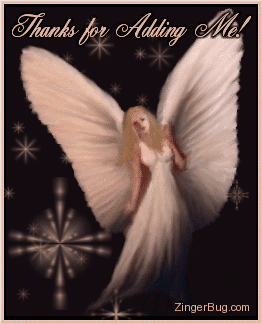 Click to get the codes for this image. This glitter graphic shows a beautiful angel wearing a long white gown with big wings on a background of stars. The comment reads: Thanks for Adding Me!