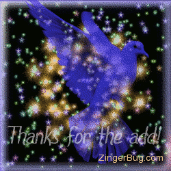 Click to get the codes for this image. This pretty glitter graphic shows a transparent blue bird in front of a sky of twinkling stars. The comment reads: Thanks for the add!