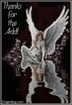 Click to get the codes for this image. This beautiful glitter graphic shows an angel sitting at the edge of an animated reflecting pool. The comment reads: Thanks for the Add!