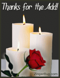 Click to get the codes for this image. This beautiful graphic shows three candles with animated burning flames. A single red rose is in front of the candles. The comment reads: Thanks for the Add!