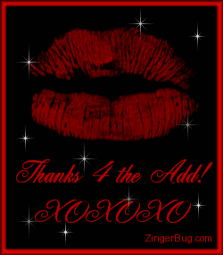 Click to get the codes for this image. Thanks For The Add Lips Glitter Graphic, Thanks For The Add, Hugs and Kisses Free Image, Glitter Graphic, Greeting or Meme for Facebook, Twitter or any blog.