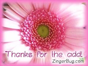 Click to get the codes for this image. Thanks For The Add Pink Flower, Thanks For The Add, Flowers Free Image, Glitter Graphic, Greeting or Meme for Facebook, Twitter or any blog.