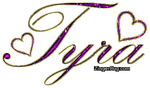 Click to get the codes for this image. Tyra Pink Purple Glitter Name With Gold Border, Girl Names Free Image Glitter Graphic for Facebook, Twitter or any blog.