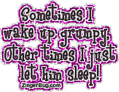 Click to get the codes for this image. Funny Glitter Graphic Joke. Comment reads: Sometimes I wake up grumpy, Other times I just let him sleep!
