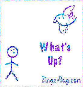 Click to get the codes for this image. This funny glitter graphic shows a stick figure looking up into the air at a flying bird. The bird flies over his head and poops on his face! The comment reads: What's Up?