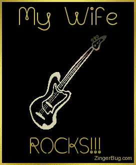 Click to get the codes for this image. This graphic shows a gold 3D Fender guitar charm rotating in space. The comment reads: My Wife Rocks!!