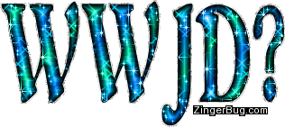 Click to get the codes for this image. WWJD? What Would Jesus Do? Blue green glitter graphic.