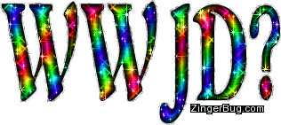 Click to get the codes for this image. WWJD? What Would Jesus Do? Rainbow glitter graphic.