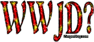 Click to get the codes for this image. WWJD? What Would Jesus Do? Red and yellow glitter graphic.