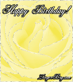 Click to get the codes for this image. This beautiful glitter graphic shows a close-up of a yellow rose with silver glitter on the tips of each petal. The comment reads: Happy Birthday!