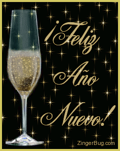 Feliz Año Nuevo Imágenes de Felices Fiestas gif animado con movimiento brillos dorados y copa para brindar
