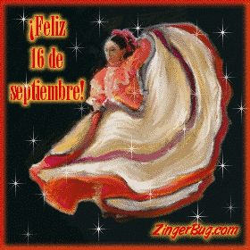 Click to get the codes for this image. Glittered painting of a mexican dancer with the comment: ¡Feliz 16 de septiembre!