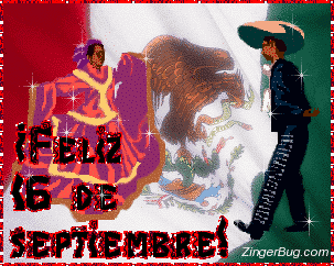 Click to get the codes for this image. Glitter graphic featuring  2 Mexican Folklorico dancers in traditional dress in front of a Mexican flag. The comment reads: ¡Feliz 16 de septiembre!